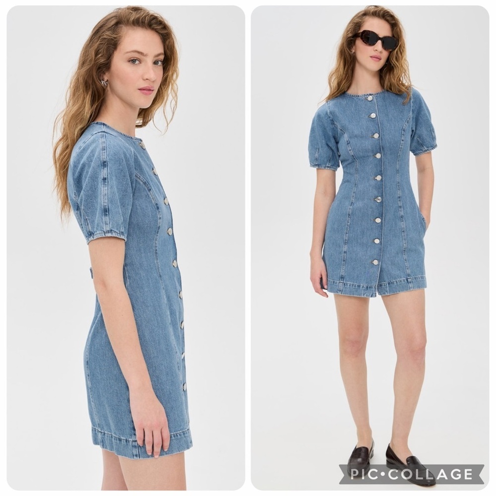 ALIGNE Aurelia Denim Midi Dress Puff Sleeve A-line Side Pockets Cotton Size 16